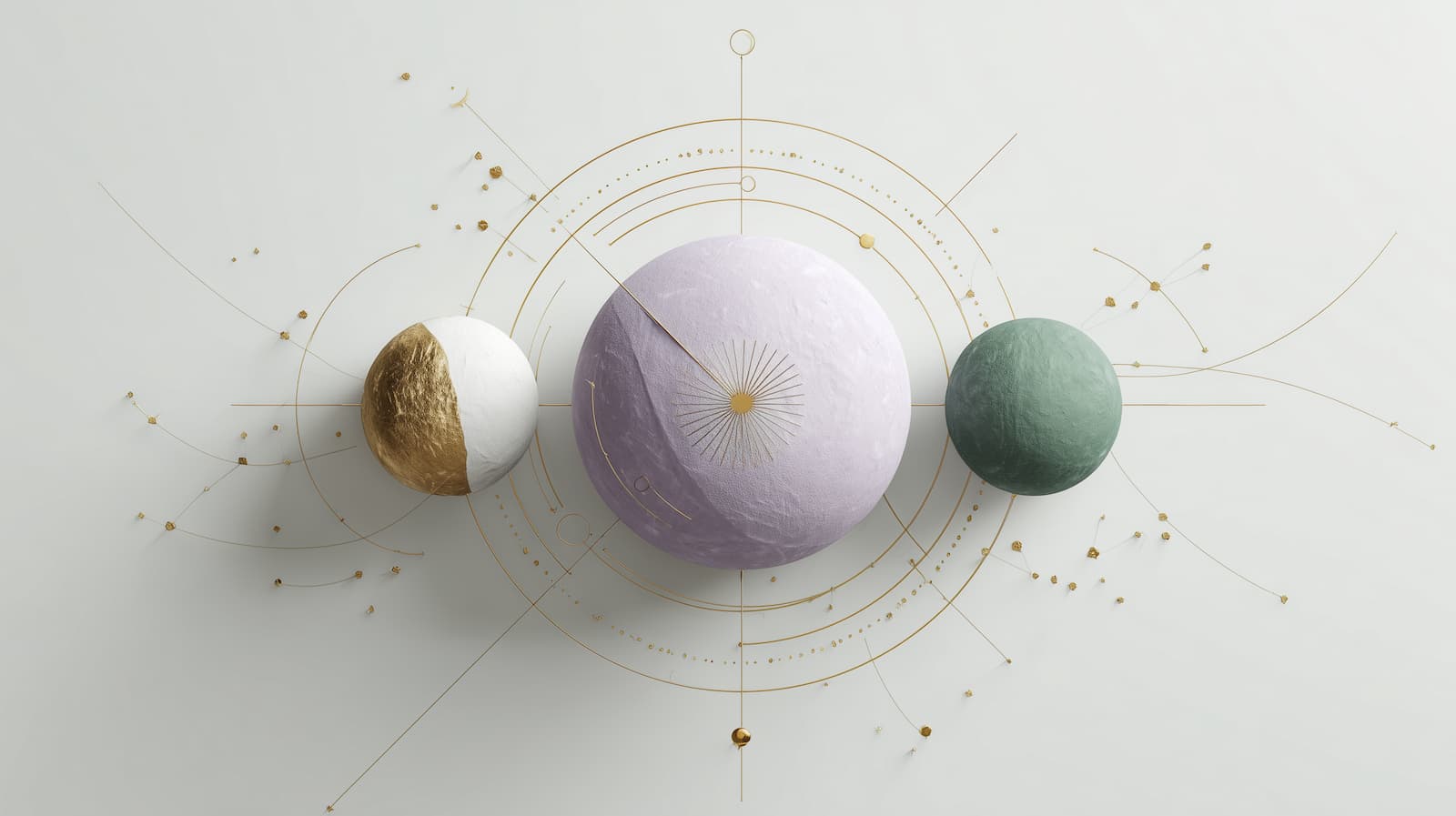 Illustration abstraite de trois sphères planétaires colorées entourées de motifs dorés géométriques, évoquant l’univers, l’astrologie et la connexion spirituelle.