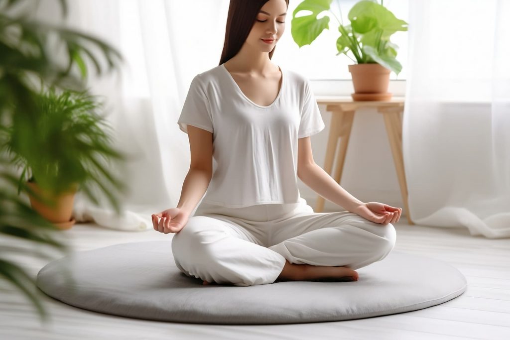 Une jeune femme oublie son stress lors d’une séance de méditation de Pleine Conscience.