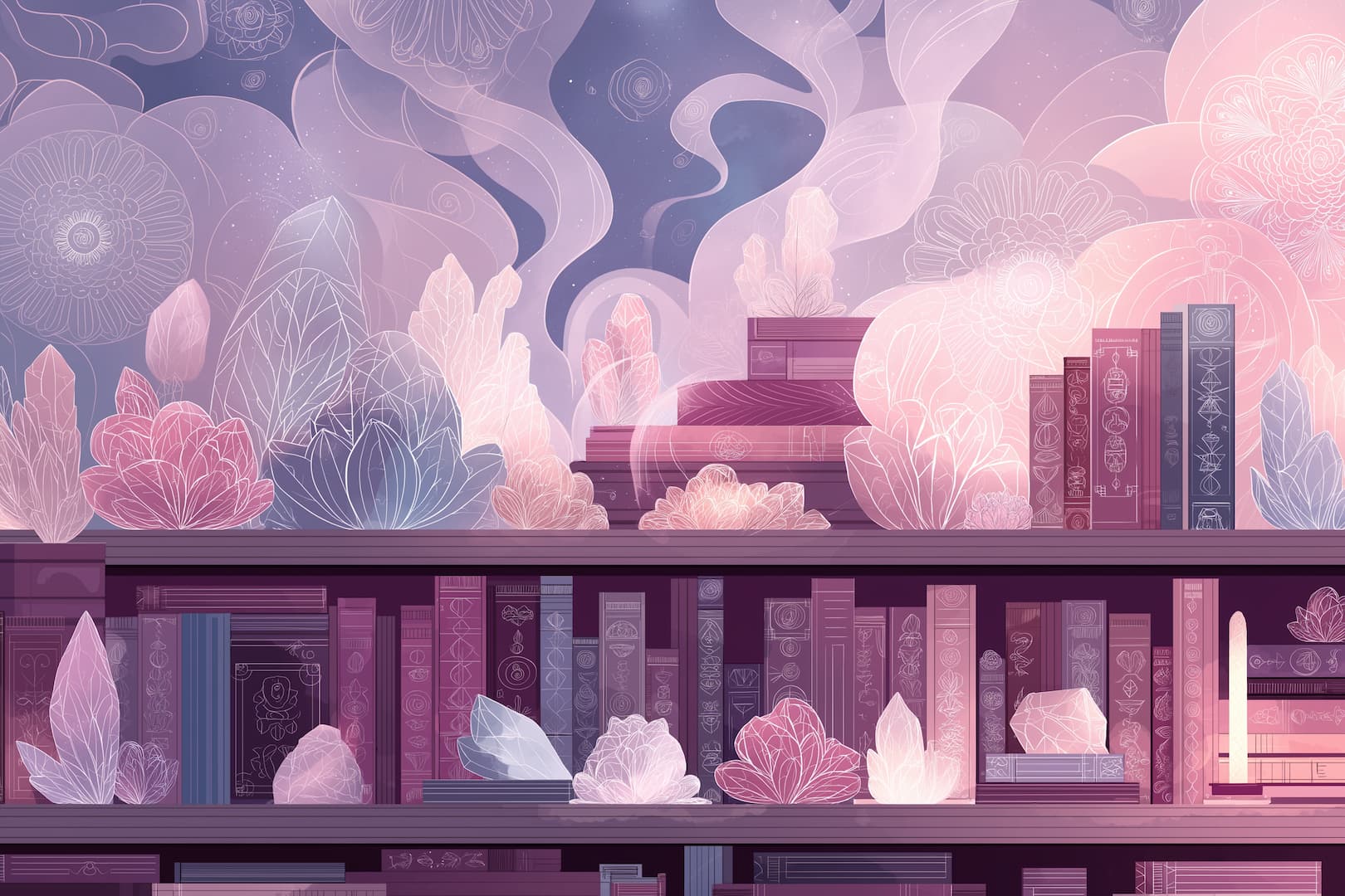 Illustration d’une boutique spirituelle avec des livres, des cristaux et des formes florales lumineuses dans des tons rose et violet.