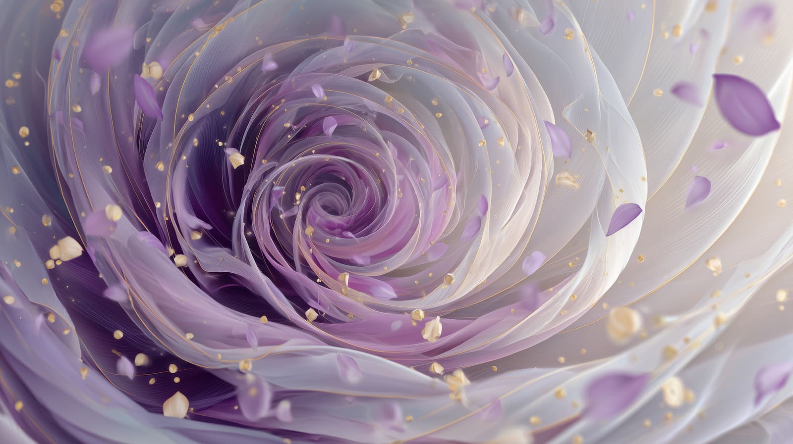 Illustration abstraite en spirale, dans des tons violets, blancs et dorés, ornée de pétales flottants, symbolisant l’énergie spirituelle et l’harmonisation intérieure.