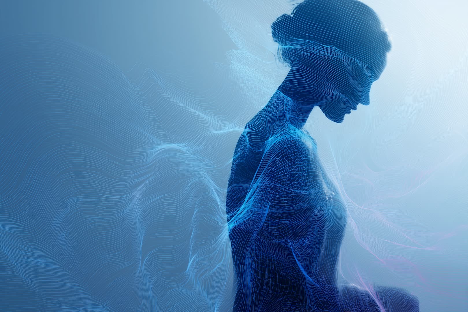Silhouette féminine apaisée en résonance avec des ondes bleues, illustrant une thérapie non invasive par résonance magnétique pour le traitement des troubles musculo-squelettiques.