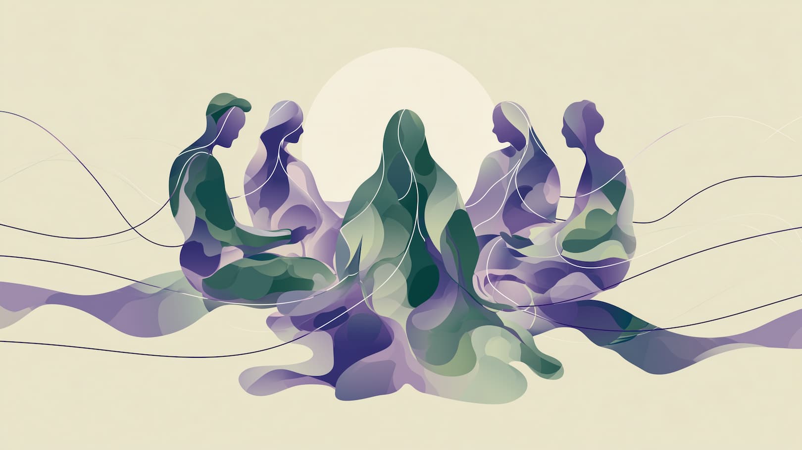 Illustration abstraite de cinq silhouettes assises en cercle, reliées par des formes fluides violettes et vertes, symbolisant un cercle de parole spirituel.