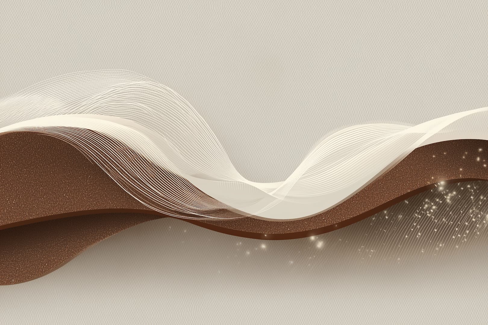 Illustration abstraite en marron et blanc représentant des flux d’énergie ondulants, évoquant l’équilibre et la circulation du Qi dans une approche de bien-être holistique à Genève.