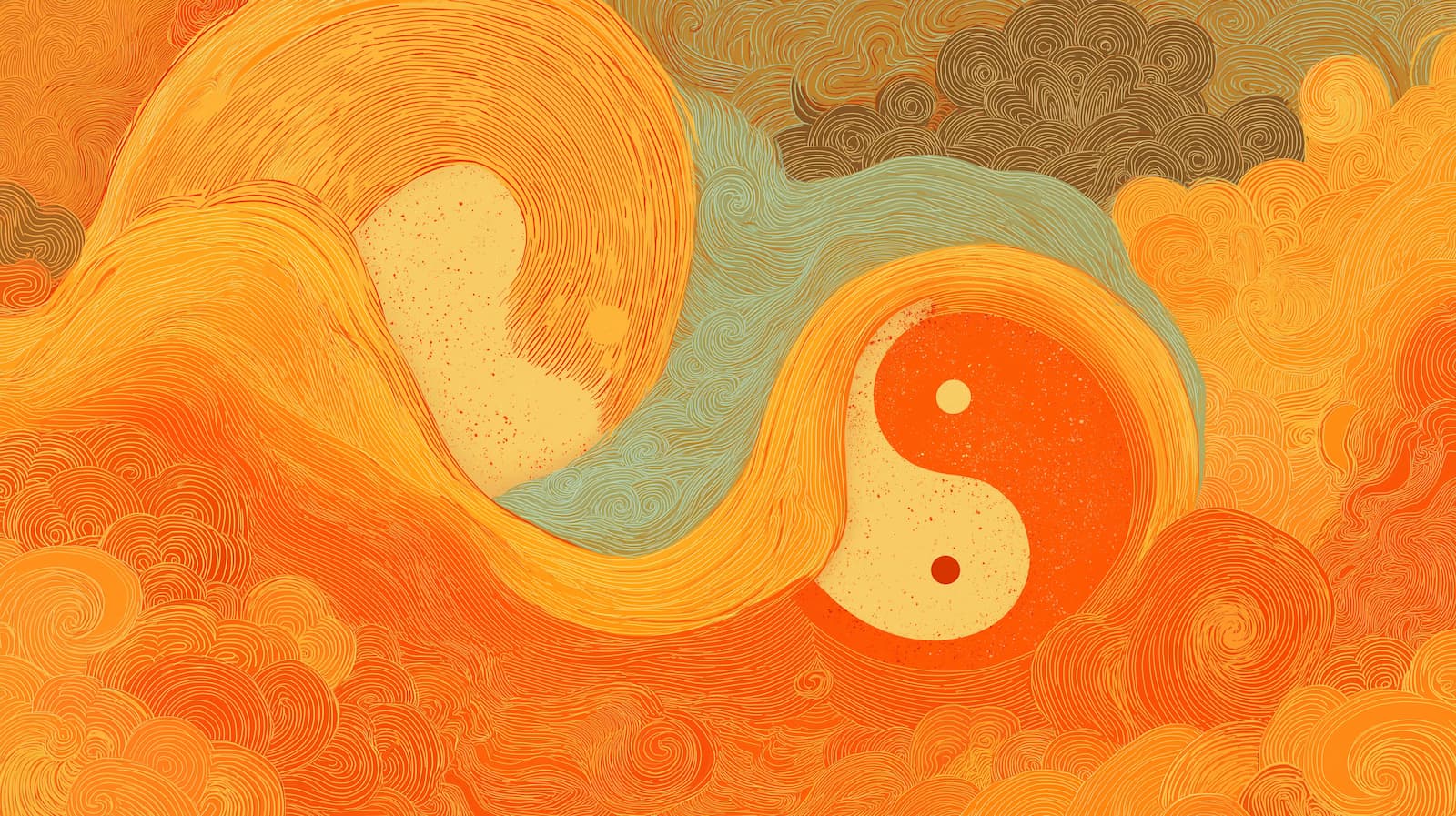 Illustration abstraite orange représentant l’énergie yin-yang, symbolisant l’équilibre émotionnel et énergétique dans une approche inspirée de la médecine traditionnelle chinoise.