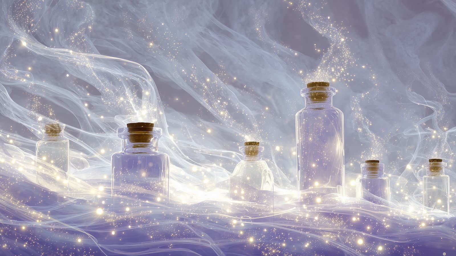 Illustration abstraite et symbolique d’huiles essentielles et d’énergie spirituelle, avec des flots lumineux et des particules éthérées, en teintes de blanc, gris clair et violet.